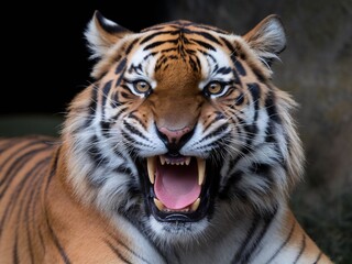Naklejka premium A majestic Bengal tiger with striking features roaring fiercely in a natural setting.