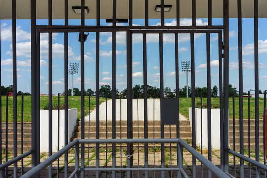 The closed gate of the football stadium