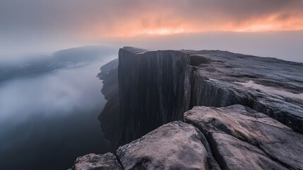 Dramatic Clifftop Sunrise Foggy Fjord Landscape