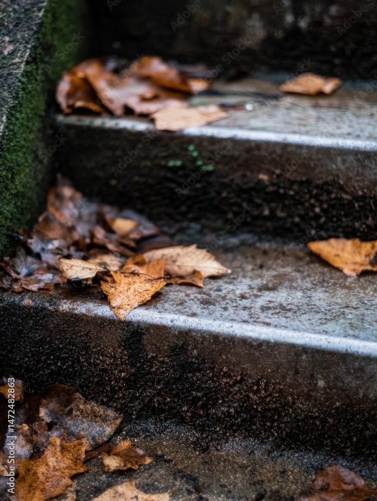 Aufkleber autumn leaves rest on damp, mossy stone steps, creating a serene, autumnal scene. the image showcase
