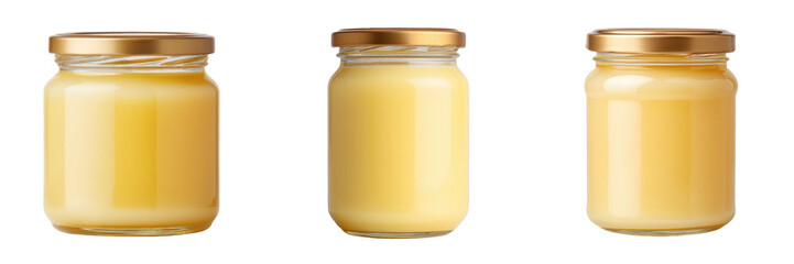 Assorted Glass Jars Filled with Creamy Yellow Substance Isolated on a Transparent Background