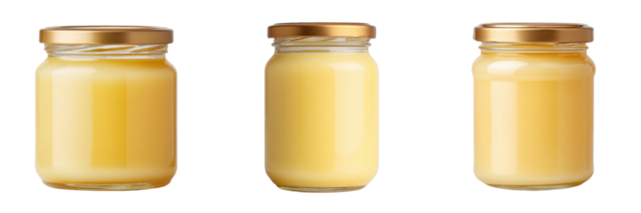 Assorted Glass Jars Filled with Creamy Yellow Substance Isolated on a Transparent Background