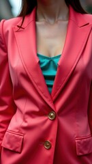 Female wearing red blazer with green shirt outfit.