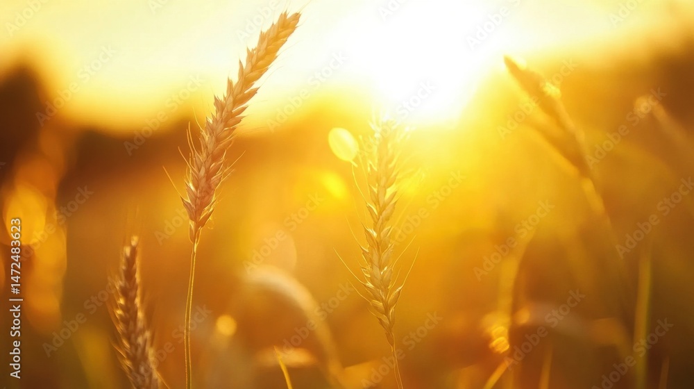 Poster golden wheat stalks bathed in the warm glow of a sunset, creating a serene and idyllic summer scene.