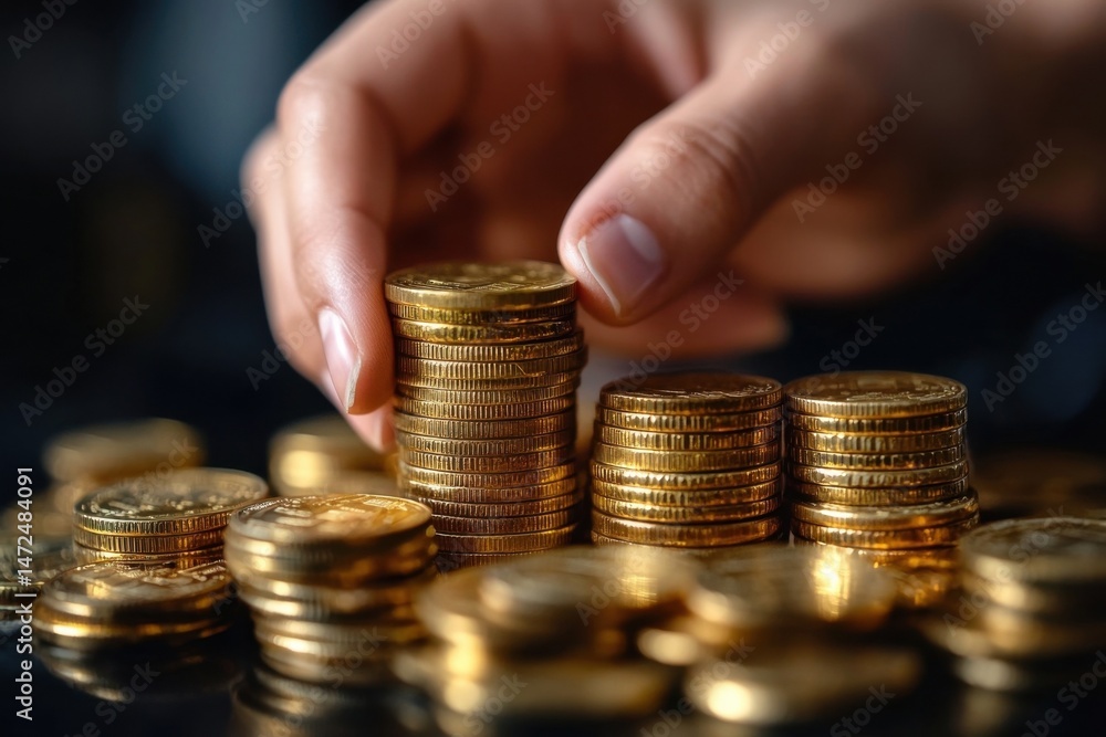 Poster a hand carefully places a gold coin atop a stack of similar coins, creating a small tower of wealth 