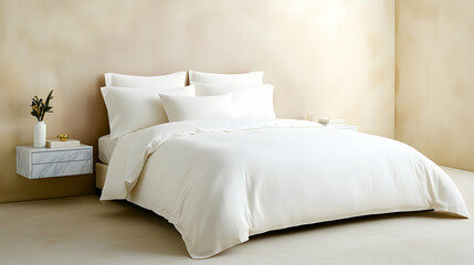 Simple, pristine white bedding set on a bed