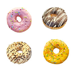 Colorful donuts with sprinkles on transparent background