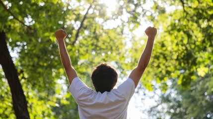 Obraz premium A man with arms raised high, celebrating success outdoors in a lush green forest, feeling freedom and joy under the sunlight. : Generative AI