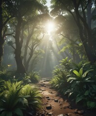 Sunlight dappled on thick jungle floor, air thick with moisture,  high quality,  biology