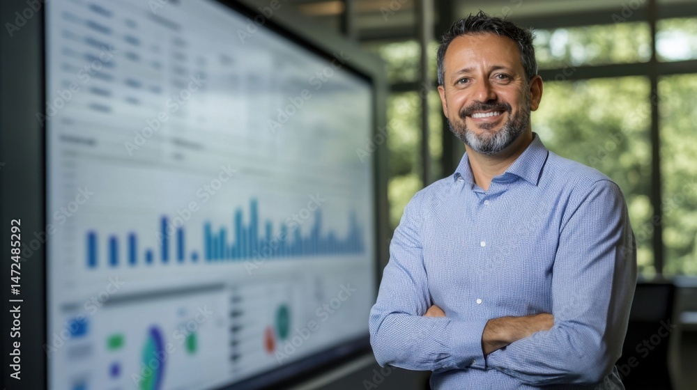 Poster Smiling businessman with arms crossed stands confidently before a large screen displaying business charts and graphs. : Generative AI