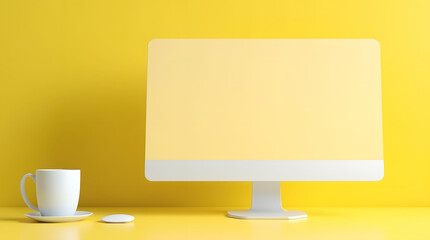 A vibrant yellow monochromatic workspace features a blank computer screen, a gray mug, and a keyboard against a matching yellow wall and surface