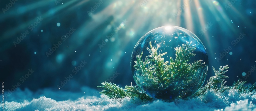 Poster enchanted winter scene: a glass orb containing delicate evergreen sprigs rests on a bed of pristine 