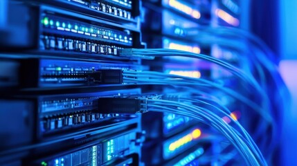 Close-up view of fiber optic cables connected to network servers in a data center, illuminated with blue light, showcasing intricate technology. : Generative AI