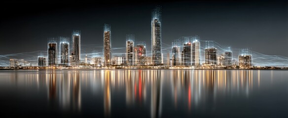 Night cityscape with illuminated skyscrapers reflected in calm water, overlaid with digital network lines illustrating modern city connectivity and technological advancement. : Generative AI