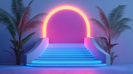 Naklejka premium Neon Arch with Steps and Tropical Plants in Modern Interior Design