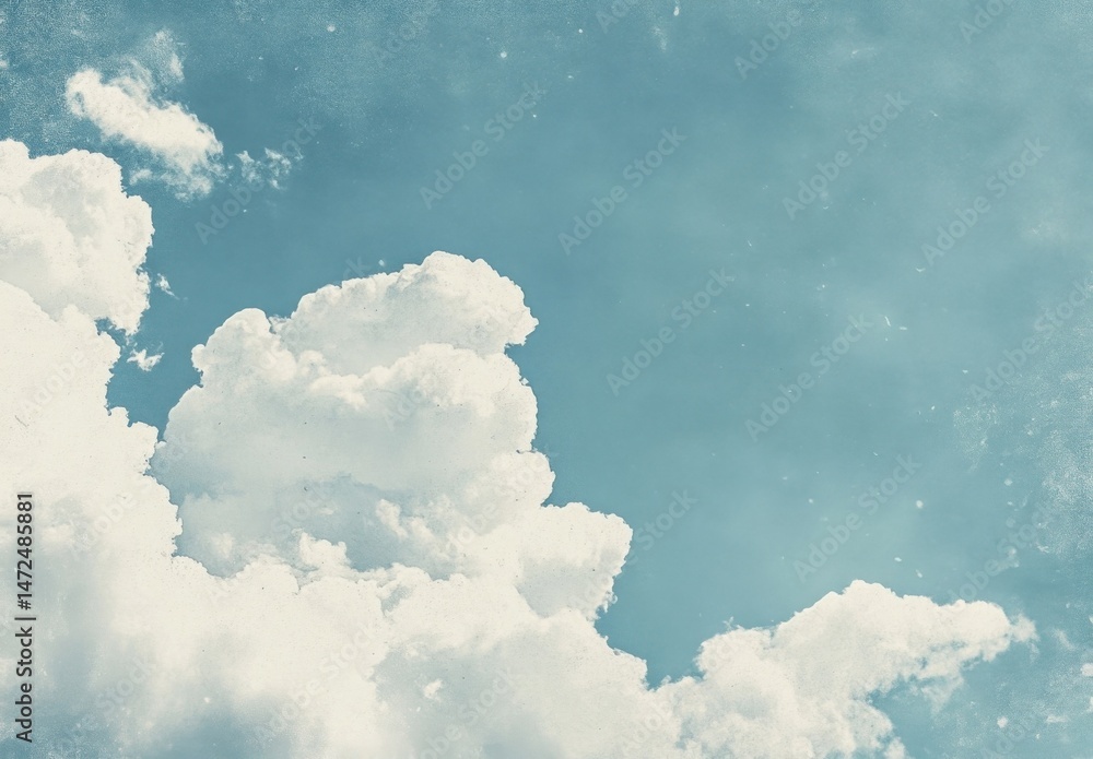 Poster a serene, vintage-toned image showcasing fluffy cumulus clouds against a pale blue sky, evoking a se