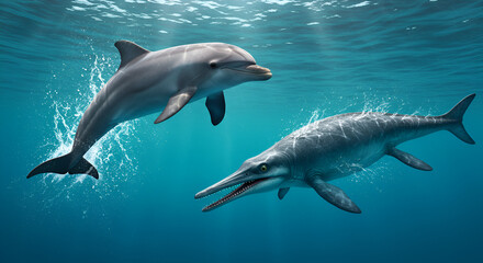 Obraz premium Convergent Evolution in Dolphin and Ichthyosaur
