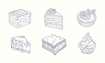 Collection of hand drawn line dessert illustrations, including cake slices, tart, and cupcake