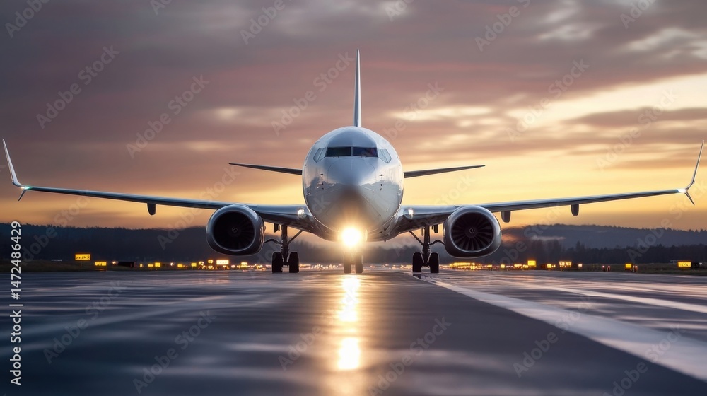 Poster passenger airplane taxiing on runway at sunset, front view, preparing for takeoff or landing, illumi
