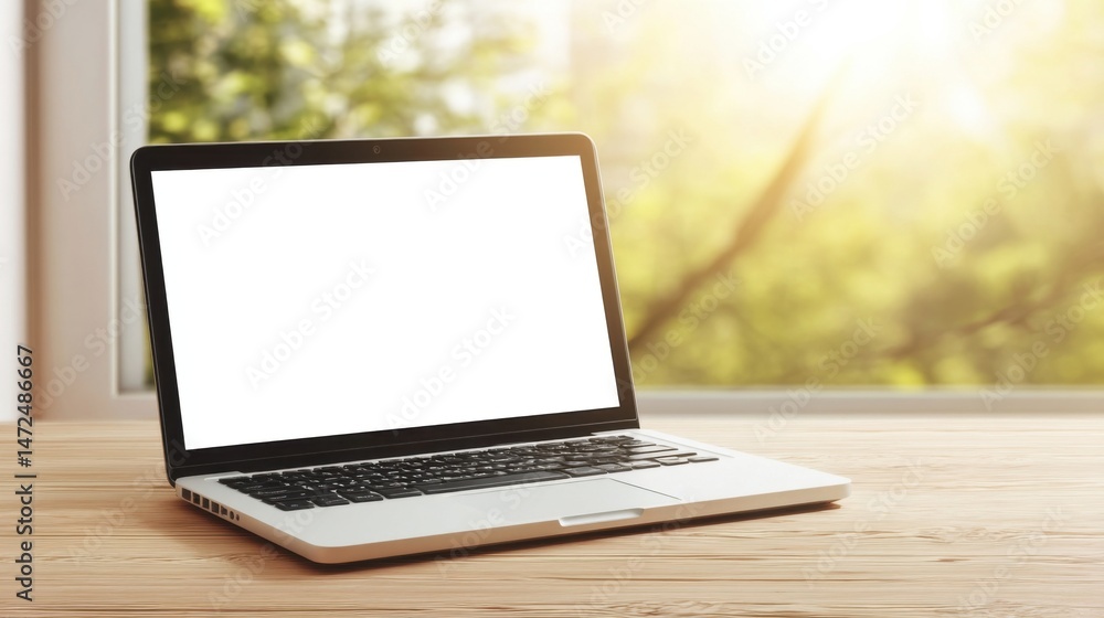 Poster modern laptop computer with blank screen sits on wooden desk near window with bright sunlight and bl