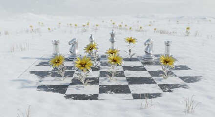 Chess with Yellow Flowers in Winter Landscape