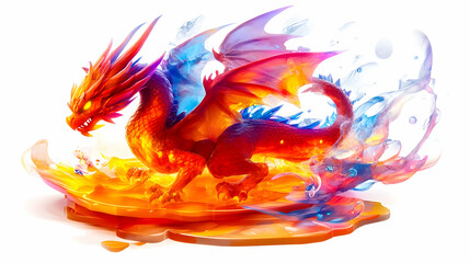 Obraz premium Fiery dragon with vibrant colors and flowing wings, emerging from a molten pool of orange and blue
