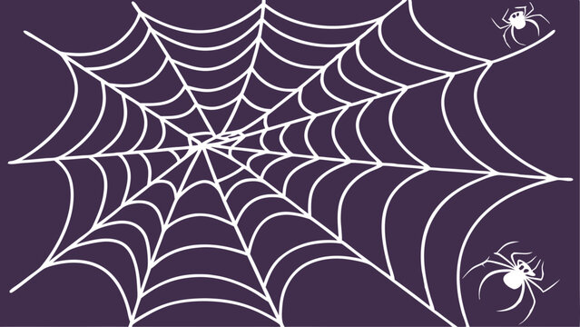 A white spiderweb stretches across a dark purple background, with a white cartoon spider in the upper right and another in the lower right corner.