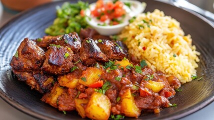 Fototapeta premium Delicious grilled meat cubes served with a vibrant potato stew, fluffy yellow rice, and a side of fresh salsa and guacamole. : Generative AI