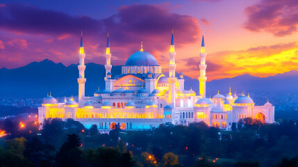 Naklejka premium Stunning mosque at twilight, illuminated dome and minarets against a vibrant sunset sky