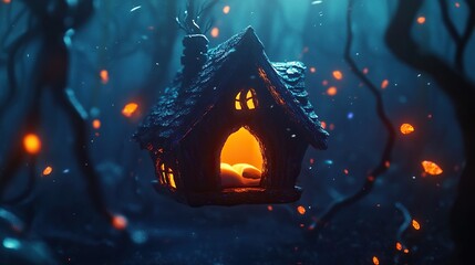 Whimsical fairy house nestled in a misty forest, glowing with warm light amidst a dark, enchanted setting.