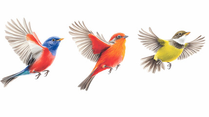 Naklejka premium Three vibrant birds in flight, showcasing different colors