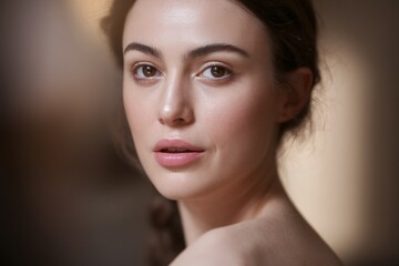 Naklejka premium A young Caucasian woman with natural makeup and soft features gazes thoughtfully at the camera.