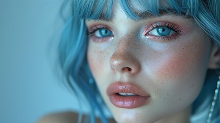 Close-up portrait of a woman with blue hair and delicate makeup, soft lighting, studio setting