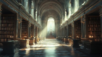 Fototapeta premium Grand library interior, sunlit hallway