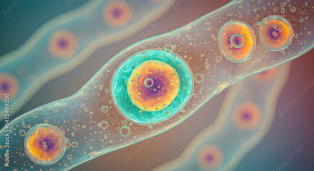 Poster detailed microscopic rendering of cells enclosed in translucent membrane with particle scatter on gr