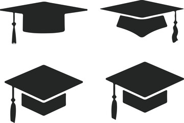 Set of Graduation Cap Silhouettes, Black and White Vector Illustration of Academic Hat Designs