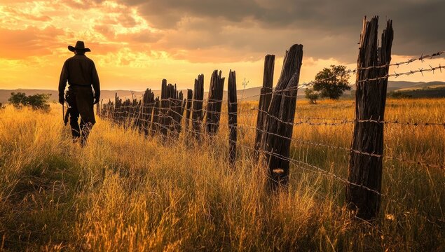 A lone cowboy strolls along a rustic fence line at sunset.