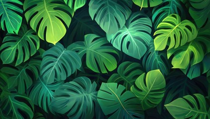 Lush tropical foliage.  A dense, vibrant display of exotic leaves, in varying shades of green.  Highlights the intricate details and lushness of a tropical garden