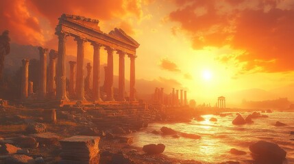 Obraz premium Ancient ruins at sunset on the coast