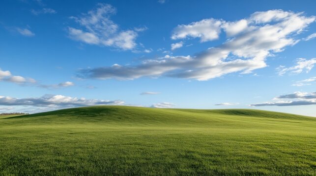 Rolling green hills under a vibrant blue sky with fluffy white clouds, a picturesque landscape perfect for nature photography or travel brochures. : Generative AI