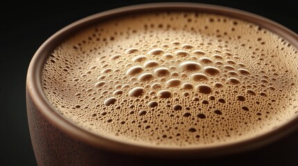 Cocoa Bubbles: Close-up view of frothy cocoa drink in a dark brown mug, showcasing the intricate pattern of bubbles on the surface.