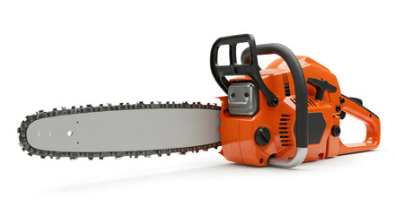Orange Chainsaw: Power Tool Isolated on White