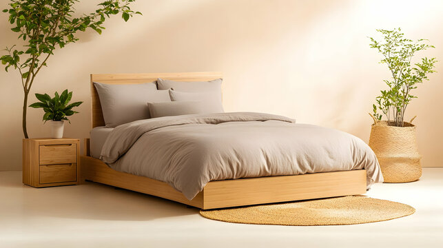 Cozy bedroom with light wood bed and neutral bedding