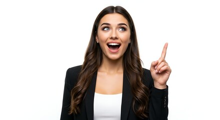 Enthusiastic businesswoman in a blazer pointing upwards with an excited expression, conveying a sense of discovery and inspiration.
