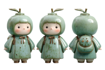 Adorable ceramic figurines of cute children wearing fruit hats backpacks green art kid toy doll home on transparent background