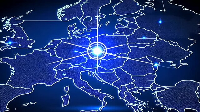 Stylized blue map of Europe. Glowing outlines, textured land, central light burst with radiating lines, smaller light points