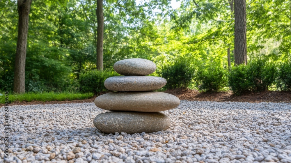 Poster serene stone stack in a tranquil garden setting, surrounded by lush green trees and a gravel pathway
