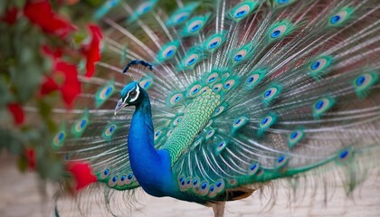 Obraz premium A stunning male peacock displaying its vibrant iridescent plumage surrounded by red flowers.
