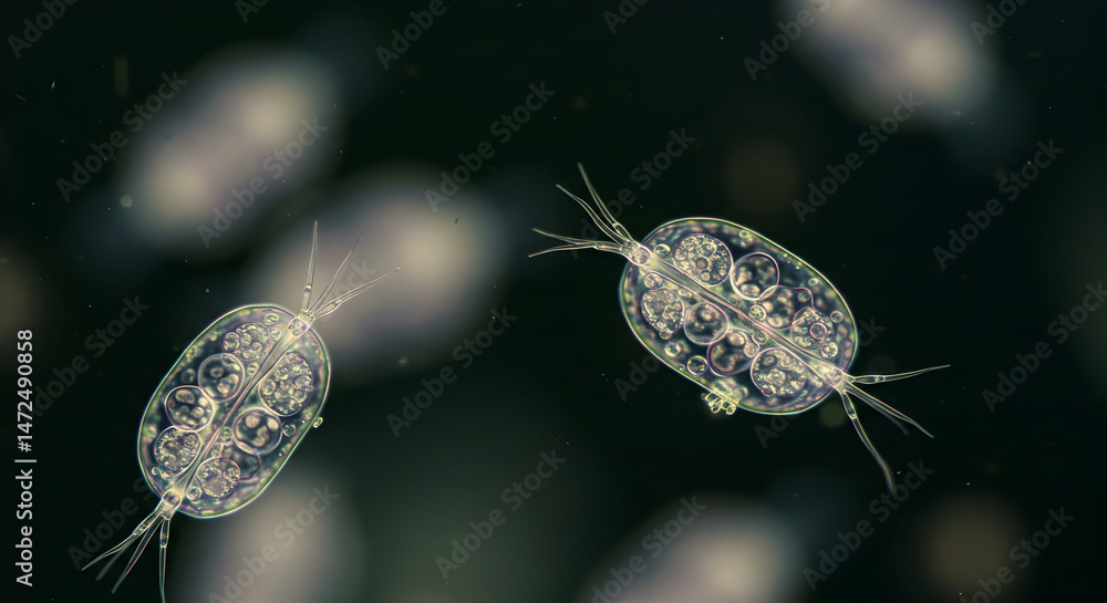 Poster detailed microscopic view of two translucent crustacean zooplankton floating in dark aquatic backdro