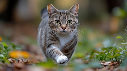 Fototapeta premium Tabby cat prowls, striking a pose in the leafy terrain